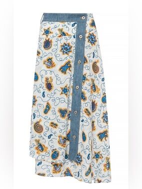 Loewe White Midi Skirt with Blue Chambray Placket and Yellow Motif